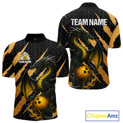 Black and Gold Dragon Bowling Polo, Quarter Zip Shirts for Men Custom Bowling Outfit Team jersey NQS10037