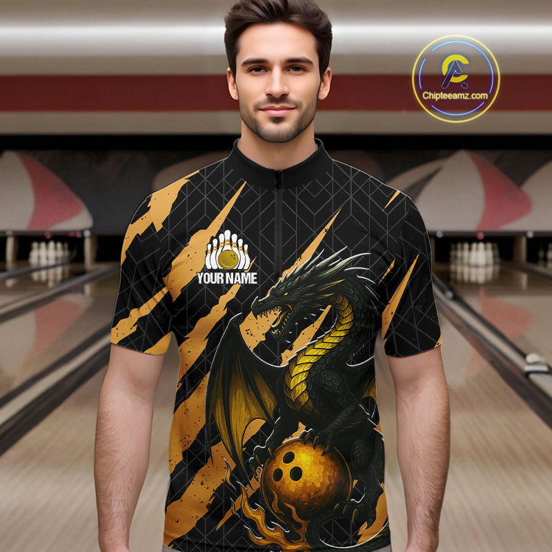 Black and Gold Dragon Bowling Polo, Quarter Zip Shirts for Men Custom Bowling Outfit Team jersey NQS10037