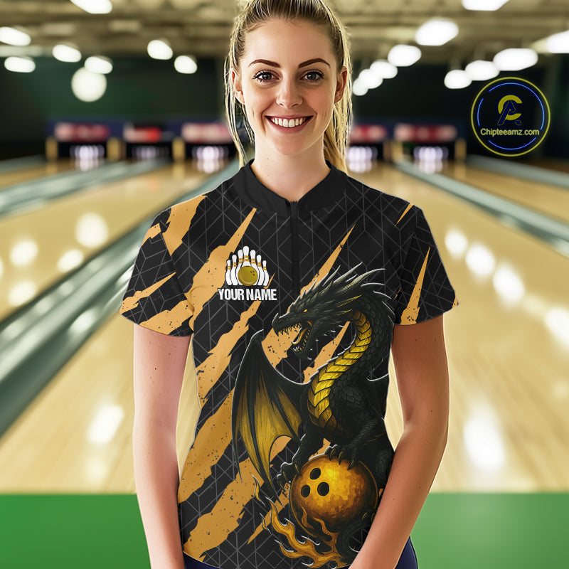 Black and Gold Dragon Bowling Polo, Quarter Zip Shirts for Women Custom Bowling Outfit Team jersey NQS10037