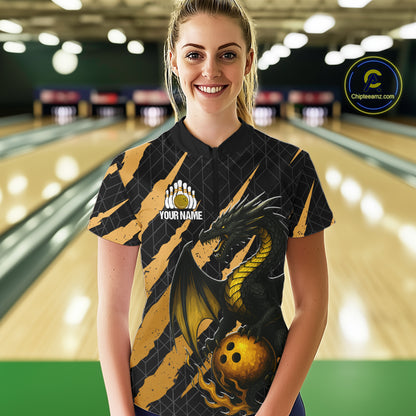 Black and Gold Dragon Bowling Polo, Quarter Zip Shirts for Women Custom Bowling Outfit Team jersey NQS10037