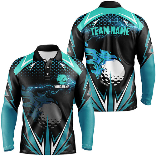Black Mens golf polo shirts custom Cyan Blue fire lightning team golf jerseys, golf attire for men NQS7944