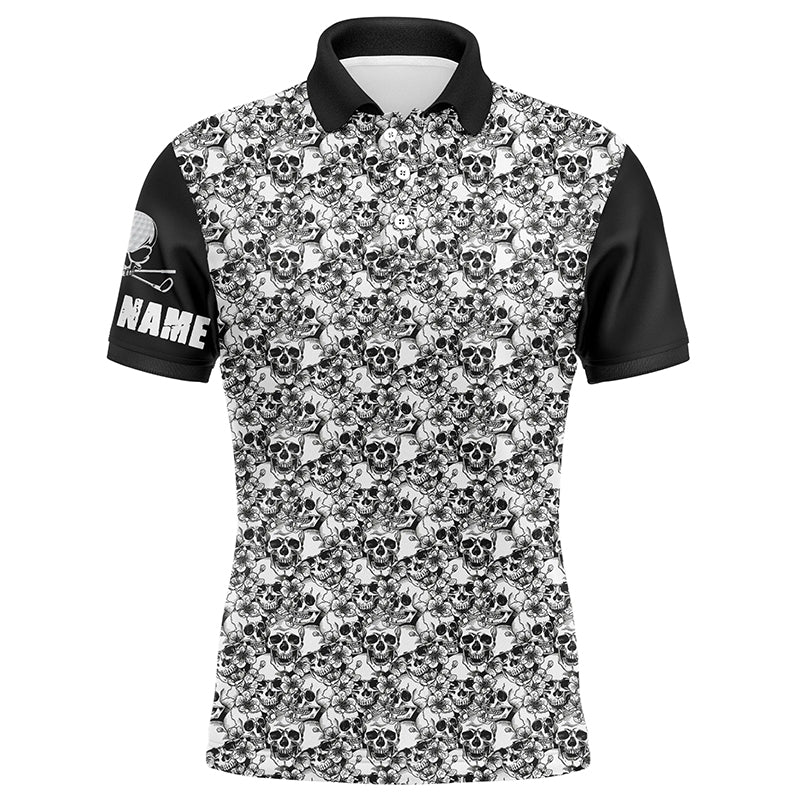 Black and white Mens golf polo shirts custom name skull pattern men's golf outfit NQS6030