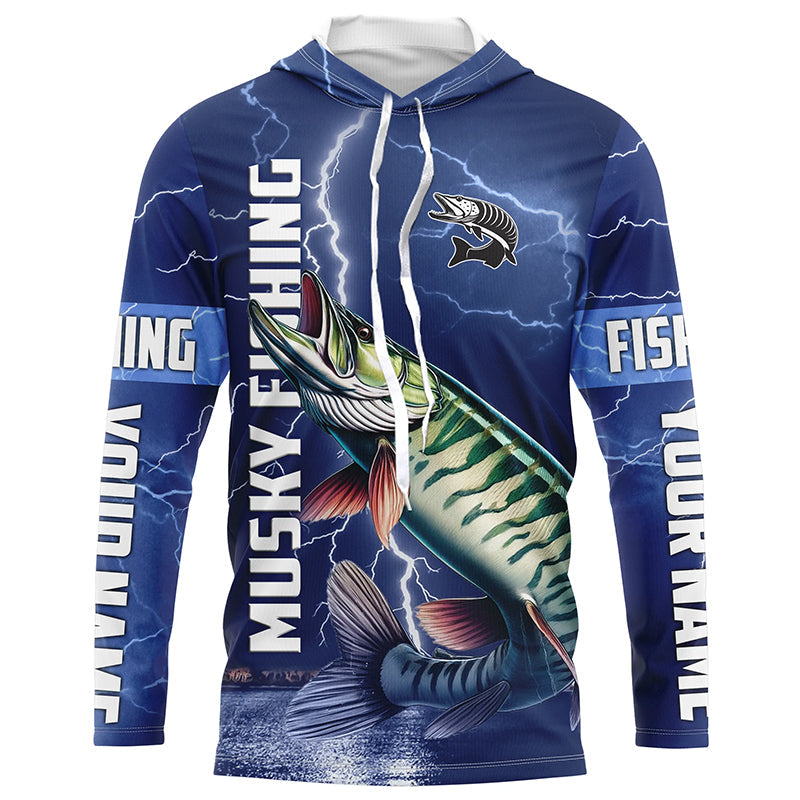 Musky Fishing blue lightning jerseys custom performance Long Sleeve Muskie tournament fishing shirts NQS8146