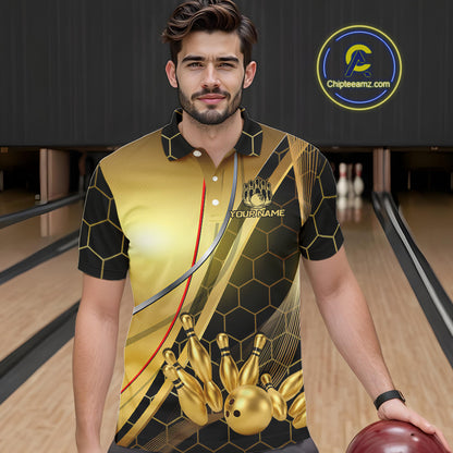 Custom Black and Gold Bowling Polo, Quarter Zip Shirts For Men, Bowling Team League Jersey NQS10346
