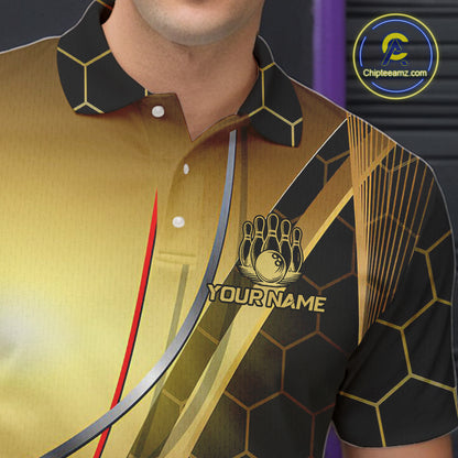 Custom Black and Gold Bowling Polo, Quarter Zip Shirts For Men, Bowling Team League Jersey NQS10346