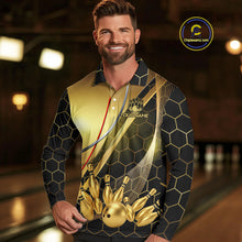 Load image into Gallery viewer, Custom Black and Gold Bowling Polo, Quarter Zip Shirts For Men, Bowling Team League Jersey NQS10346
