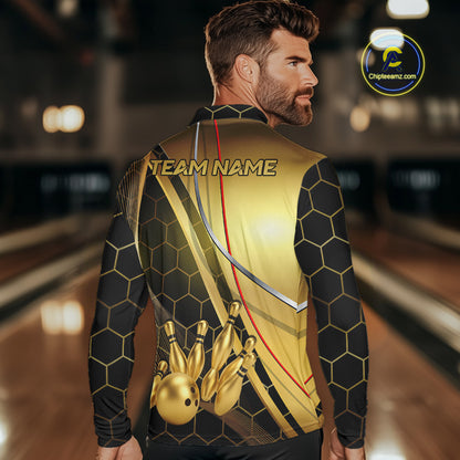Custom Black and Gold Bowling Polo, Quarter Zip Shirts For Men, Bowling Team League Jersey NQS10346