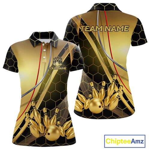 Custom Black and Gold Bowling Polo, Quarter Zip Shirts For Women, Bowling Team League Jersey NQS10346