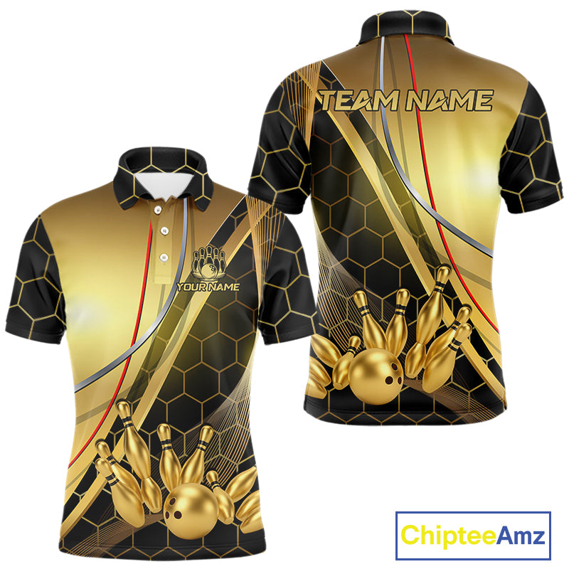 Custom Black and Gold Bowling Polo, Quarter Zip Shirts For Men, Bowling Team League Jersey NQS10346