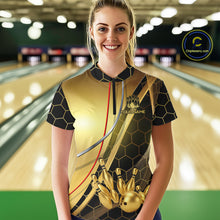 Load image into Gallery viewer, Custom Black and Gold Bowling Polo, Quarter Zip Shirts For Women, Bowling Team League Jersey NQS10346