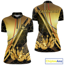 Load image into Gallery viewer, Custom Black and Gold Bowling Polo, Quarter Zip Shirts For Women, Bowling Team League Jersey NQS10346