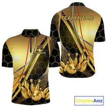 Load image into Gallery viewer, Custom Black and Gold Bowling Polo, Quarter Zip Shirts For Men, Bowling Team League Jersey NQS10346