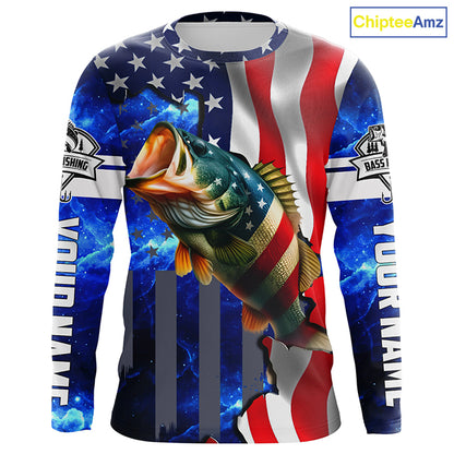 Bass Fishing American Flag patriotic UV protection Custom name long sleeves shirt NQS926