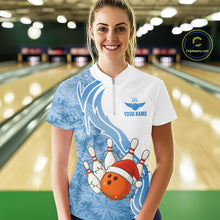 Load image into Gallery viewer, White and Blue Ice pattern Christmas Bowling shirts for Women Custom Xmas Team bowling jerseys NQS10967