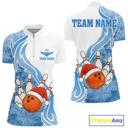 White and Blue Ice pattern Christmas Bowling shirts for Women Custom Xmas Team bowling jerseys NQS10967