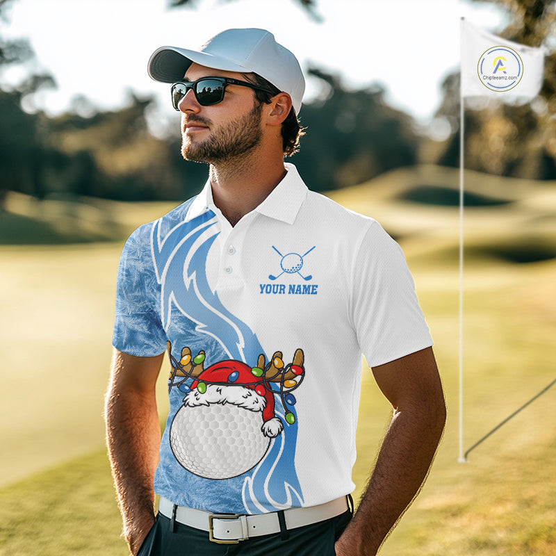 White and Blue Ice pattern Mens Christmas Golf Shirts Custom unique golf polos for men Xmas gifts NQS10968