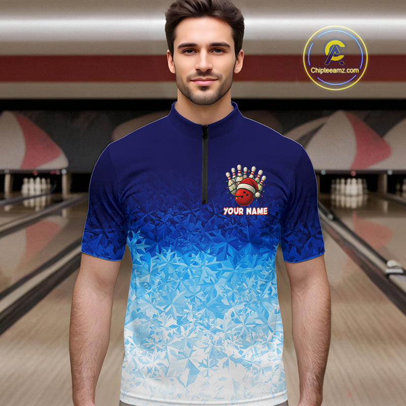 Blue Ice pattern Christmas Team Bowling Polo, Quarter Zip shirts for men Custom Xmas bowling gifts NQS10969
