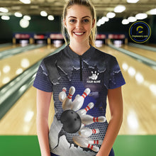 Load image into Gallery viewer, Eagle Bowling Polo, Quarter Zip Shirts for Women Custom Team Bowling jerseys, gift for bowlers | Blue NQS10972
