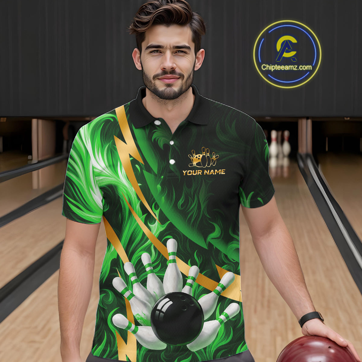 Personalized Bowling Polo, Quarter Zip Shirts for Men Custom Green Flame and Gold Bowling Team Jersey NQS11145