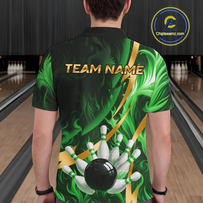 Personalized Bowling Polo, Quarter Zip Shirts for Men Custom Green Flame and Gold Bowling Team Jersey NQS11145