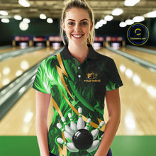 Load image into Gallery viewer, Personalized Bowling Polo, Quarter Zip Shirts for Women Custom Green Flame &amp; Gold Bowling Team Jersey NQS11145
