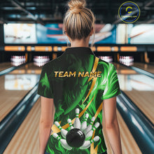 Load image into Gallery viewer, Personalized Bowling Polo, Quarter Zip Shirts for Women Custom Green Flame &amp; Gold Bowling Team Jersey NQS11145