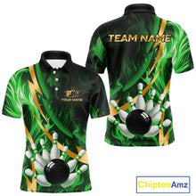 Load image into Gallery viewer, Personalized Bowling Polo, Quarter Zip Shirts for Men Custom Green Flame and Gold Bowling Team Jersey NQS11145