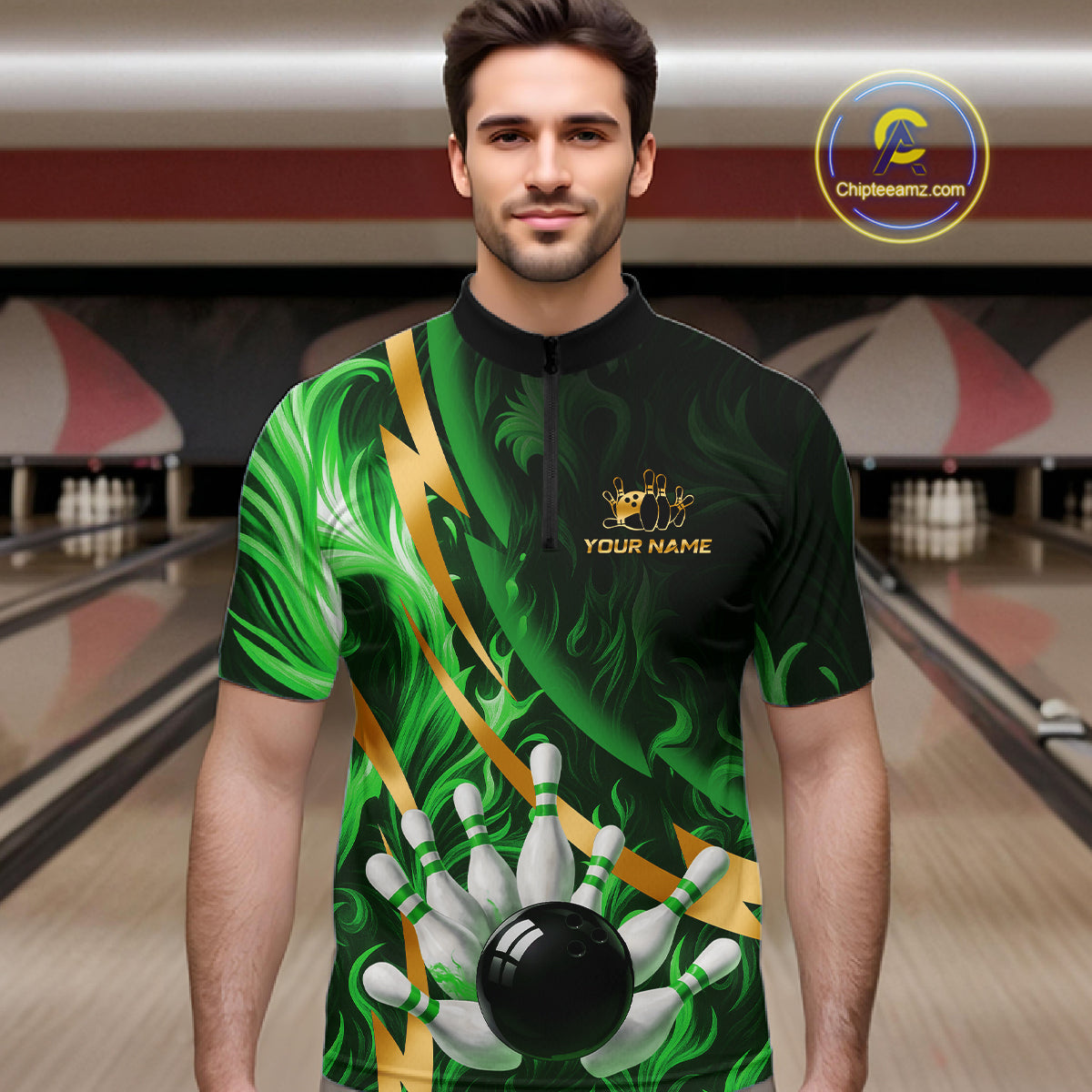 Personalized Bowling Polo, Quarter Zip Shirts for Men Custom Green Flame and Gold Bowling Team Jersey NQS11145