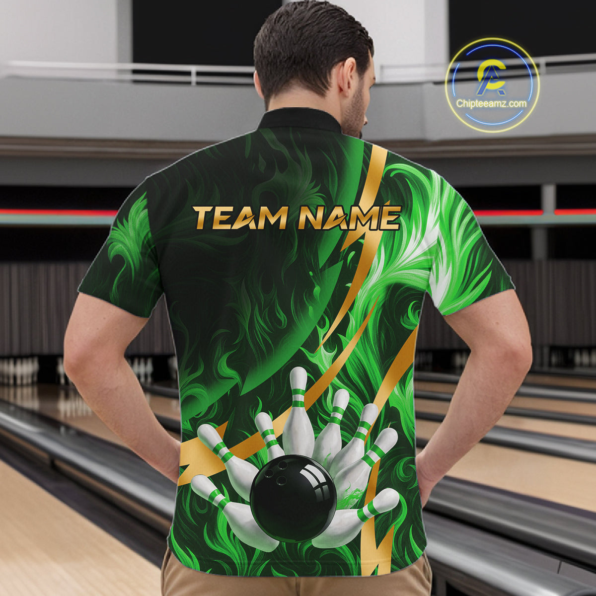Personalized Bowling Polo, Quarter Zip Shirts for Men Custom Green Flame and Gold Bowling Team Jersey NQS11145