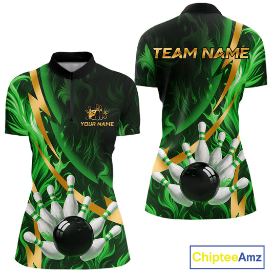 Personalized Bowling Polo, Quarter Zip Shirts for Women Custom Green Flame & Gold Bowling Team Jersey NQS11145