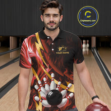 Load image into Gallery viewer, Personalized Bowling Polo, Quarter Zip Shirts for Men Custom Red Flame and Gold Bowling Team Jersey NQS11146
