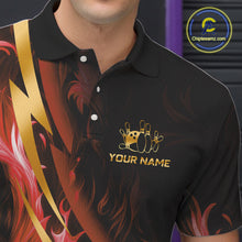 Load image into Gallery viewer, Personalized Bowling Polo, Quarter Zip Shirts for Men Custom Red Flame and Gold Bowling Team Jersey NQS11146