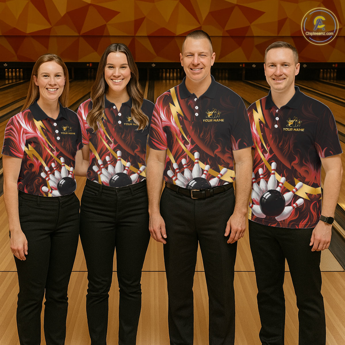Personalized Bowling Polo, Quarter Zip Shirts for Women Custom Red Flame & Gold Bowling Team Jersey NQS11146