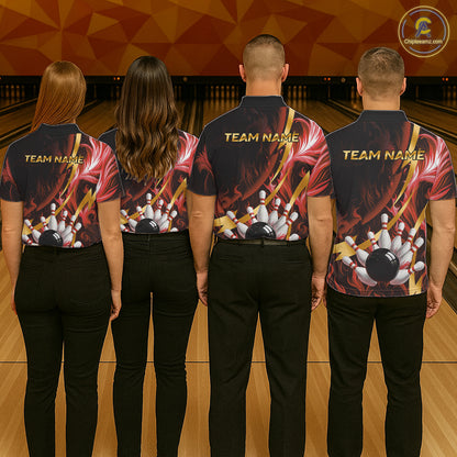 Personalized Bowling Polo, Quarter Zip Shirts for Women Custom Red Flame & Gold Bowling Team Jersey NQS11146