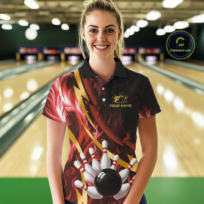 Personalized Bowling Polo, Quarter Zip Shirts for Women Custom Red Flame & Gold Bowling Team Jersey NQS11146