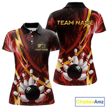 Load image into Gallery viewer, Personalized Bowling Polo, Quarter Zip Shirts for Women Custom Red Flame &amp; Gold Bowling Team Jersey NQS11146