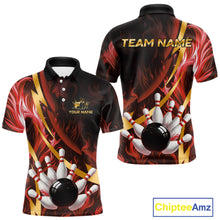 Load image into Gallery viewer, Personalized Bowling Polo, Quarter Zip Shirts for Men Custom Red Flame and Gold Bowling Team Jersey NQS11146
