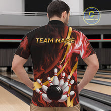 Load image into Gallery viewer, Personalized Bowling Polo, Quarter Zip Shirts for Men Custom Red Flame and Gold Bowling Team Jersey NQS11146