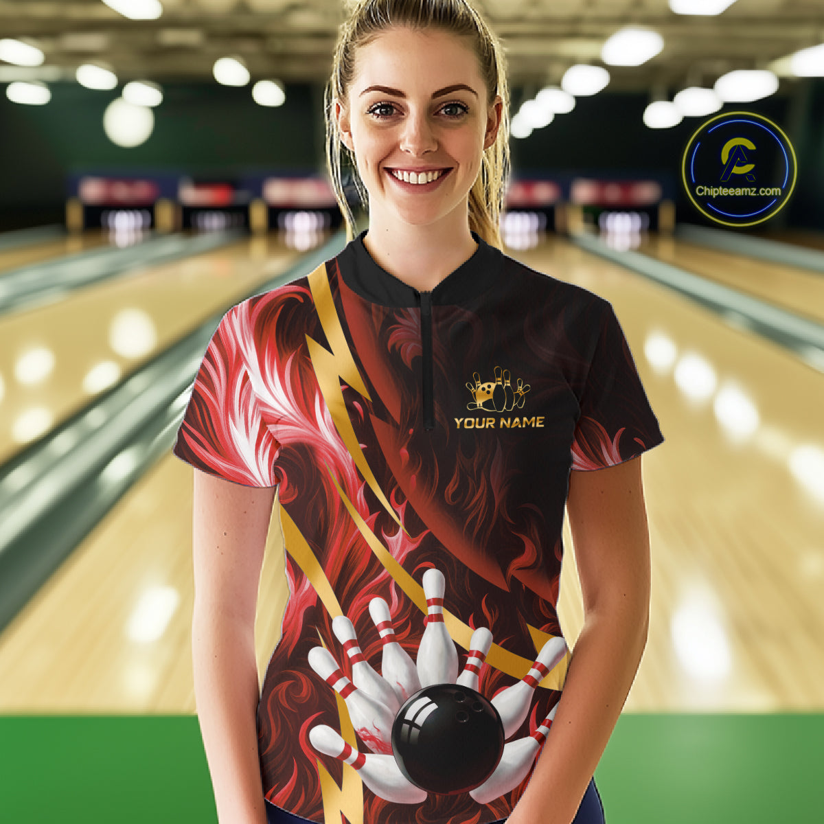Personalized Bowling Polo, Quarter Zip Shirts for Women Custom Red Flame & Gold Bowling Team Jersey NQS11146