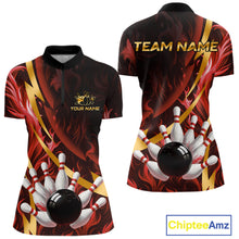 Load image into Gallery viewer, Personalized Bowling Polo, Quarter Zip Shirts for Women Custom Red Flame &amp; Gold Bowling Team Jersey NQS11146