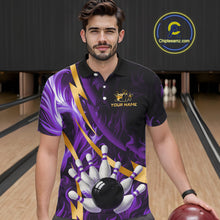 Load image into Gallery viewer, Personalized Bowling Polo, Quarter Zip Shirt for Men Custom Purple Flame and Gold Bowling Team Jersey NQS11147