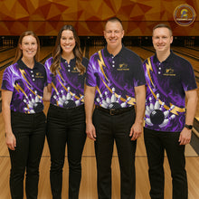 Load image into Gallery viewer, Personalized Bowling Polo, Quarter Zip Shirt for Women Custom Purple Flame &amp; Gold Bowling Team Jersey NQS11147