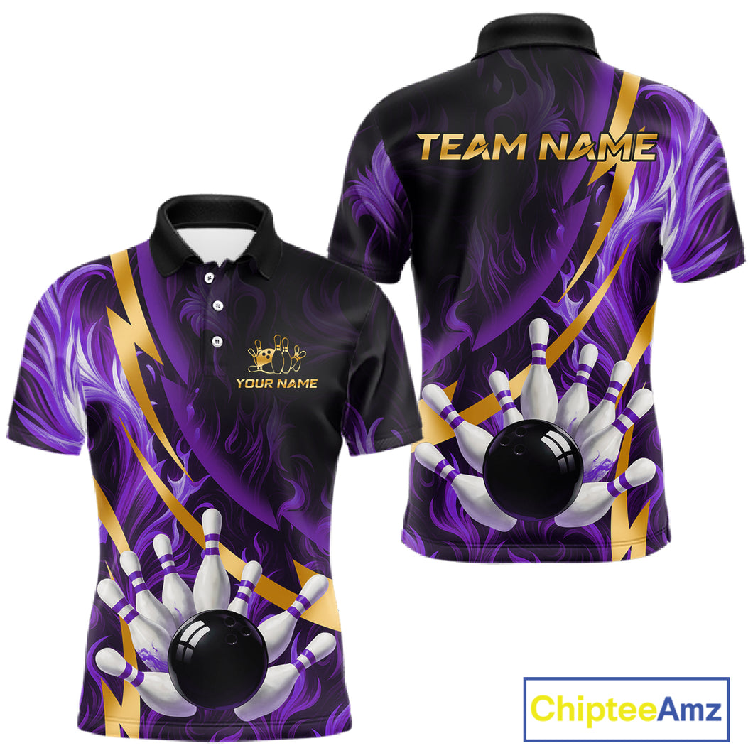 Personalized Bowling Polo, Quarter Zip Shirt for Men Custom Purple Flame and Gold Bowling Team Jersey NQS11147