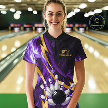 Load image into Gallery viewer, Personalized Bowling Polo, Quarter Zip Shirt for Women Custom Purple Flame &amp; Gold Bowling Team Jersey NQS11147