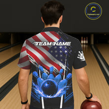 Load image into Gallery viewer, Personalized American Flag Bowling Team Hawaiian Shirt, Black and Blue Patriotic Bowling Gifts NQS11357
