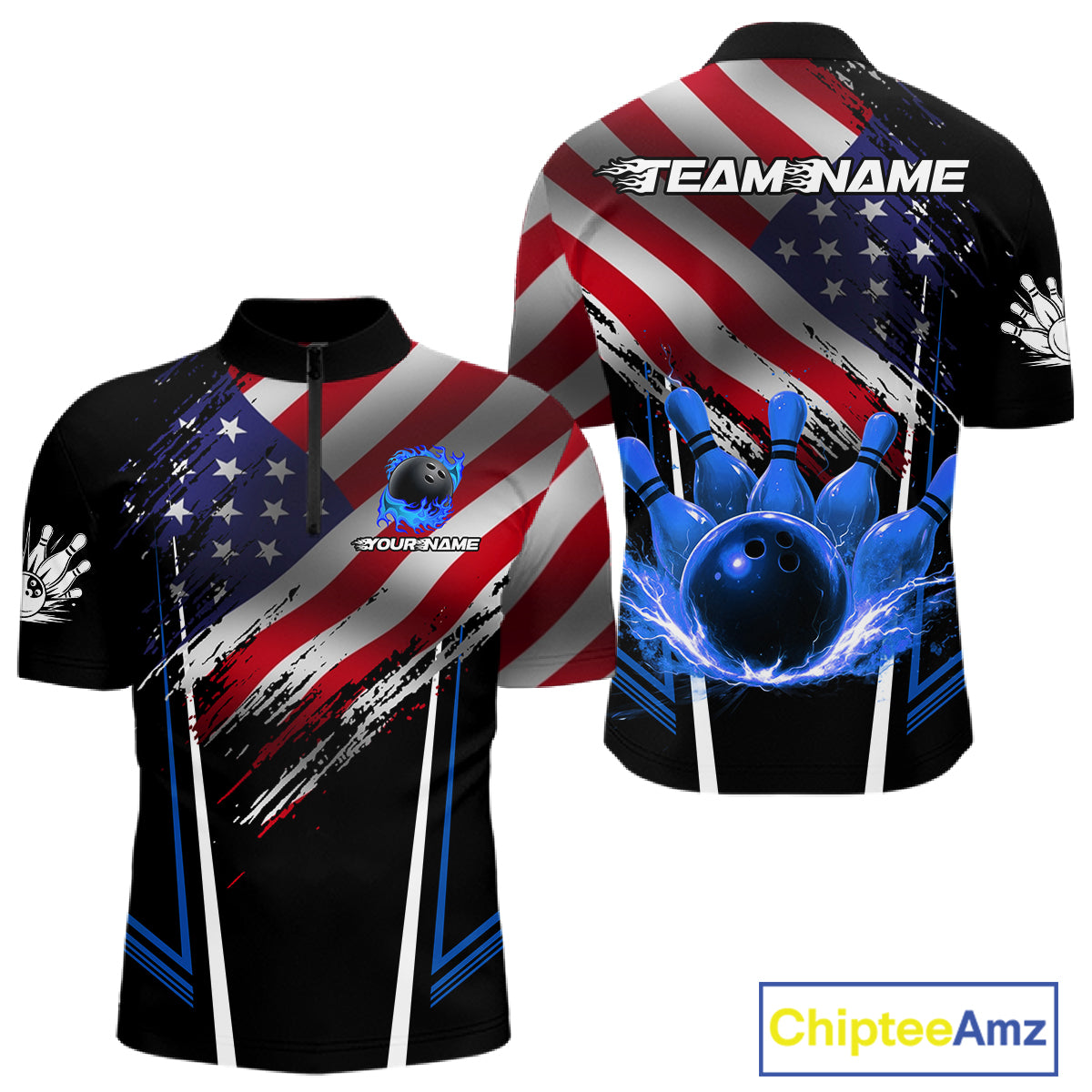 Personalized American Flag Bowling Team Shirts For Men, Black and Blue Patriotic Bowling Gifts NQS11357