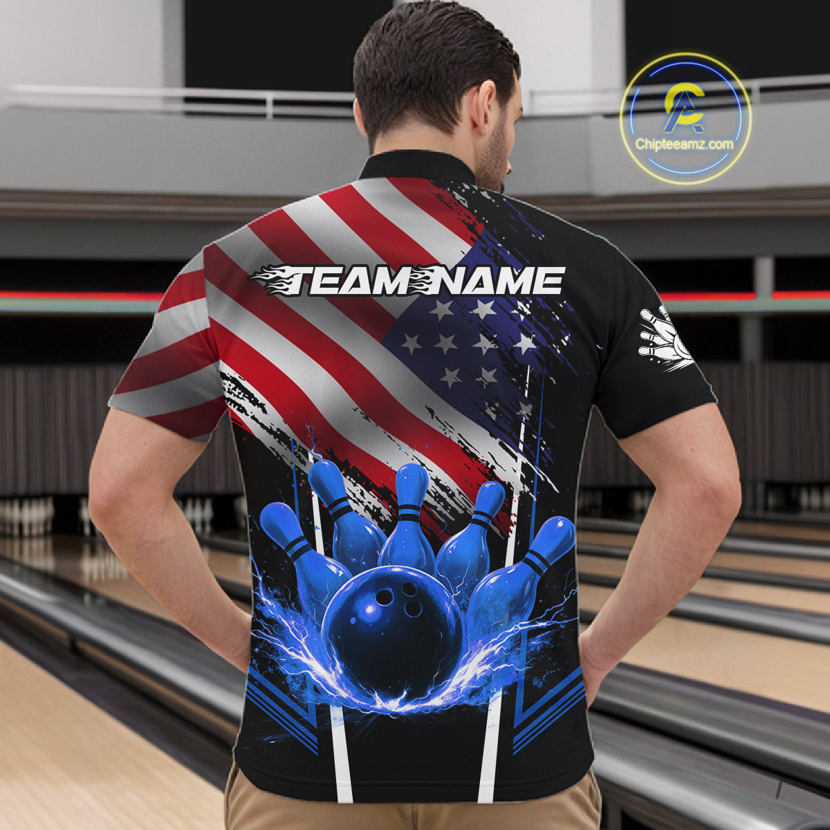 Personalized American Flag Bowling Team Shirts For Men, Black and Blue Patriotic Bowling Gifts NQS11357