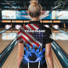 Load image into Gallery viewer, Personalized American Flag Bowling Team Shirts For Women, Black and Blue Patriotic Bowling Gifts NQS11357
