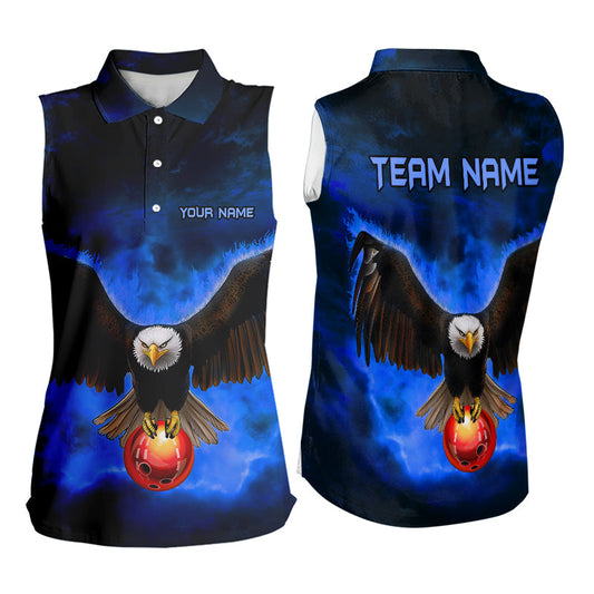 Personalized Blue Flame Eagle Custom Bowling Sleeveless Polo Shirt, Fire Eagle Bowling League Jersey NQS9614