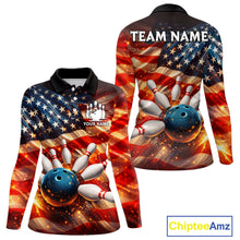 Load image into Gallery viewer, American Flag Bowling Ball and pins Bowling Shirts for Women Custom Patriotic Bowling Team jerseys NQS11698